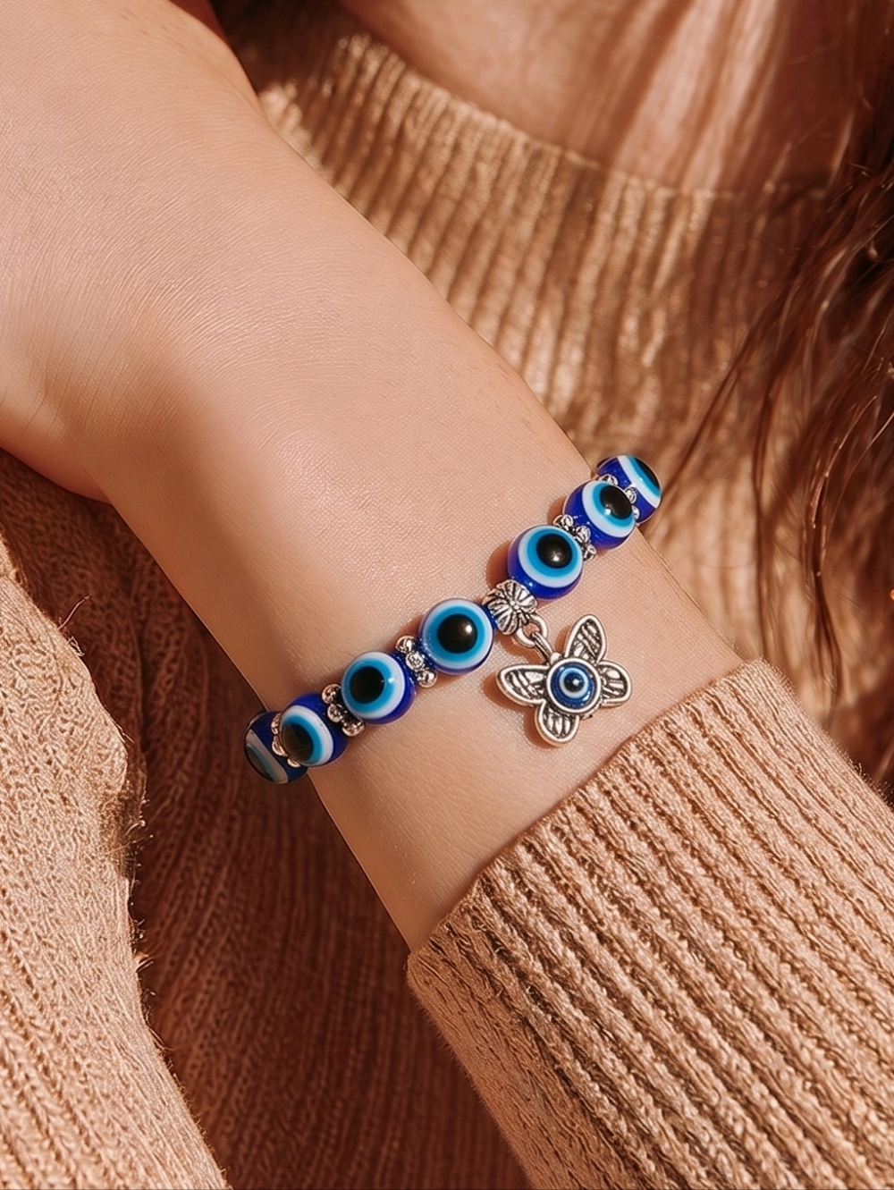 Blue Evil Eye Butterfly Stretch Bracelet Nazar Protection Beaded Lucky Jewelry